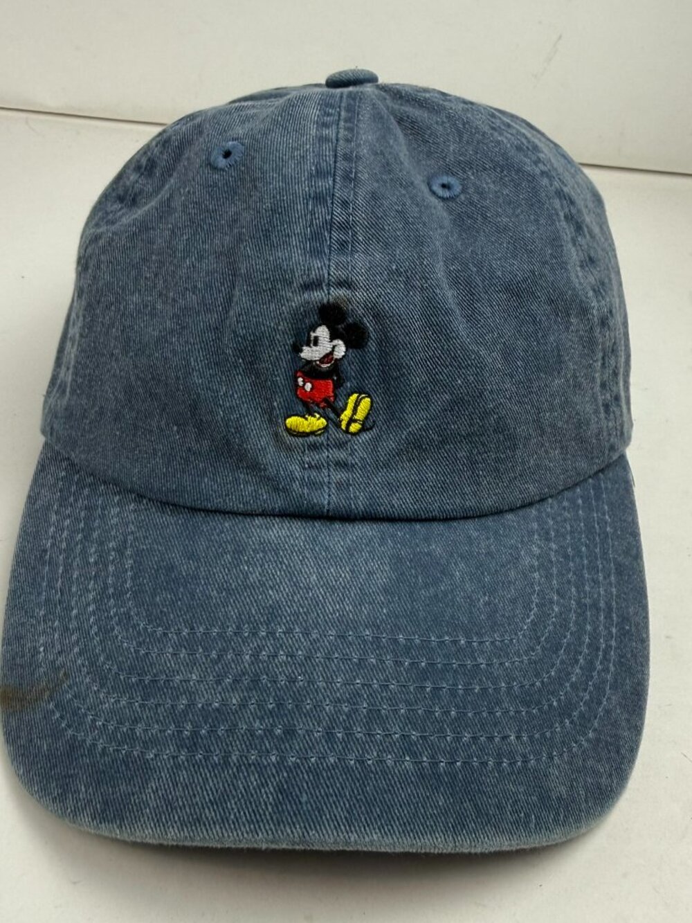 Disney Mickey Mouse Denim Dad Hat Washed Blue Strapback Cap *Flawed / Stains*